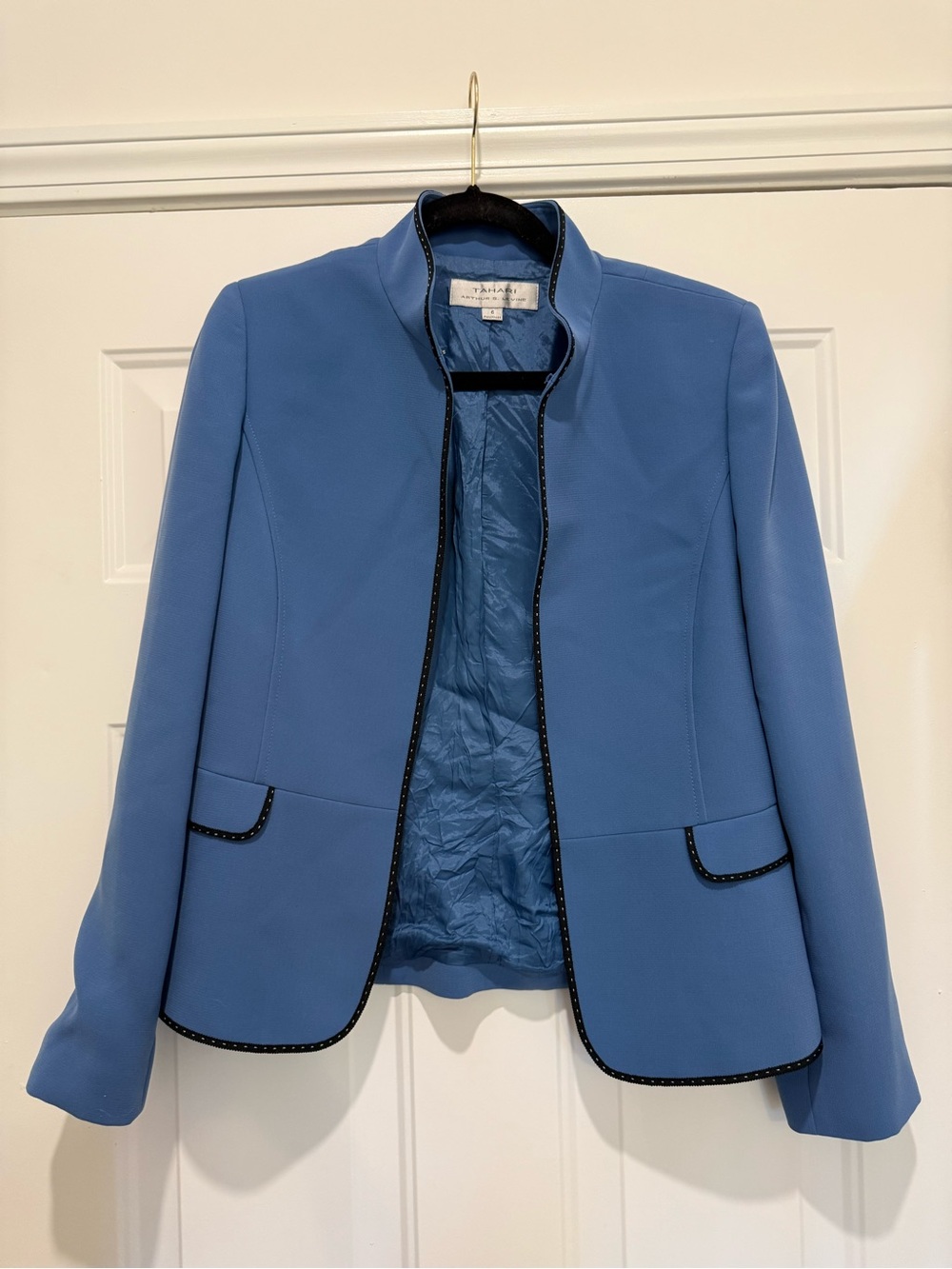 Tahari ASL Powder Blue Women's Collarless Blazer with Black Trim